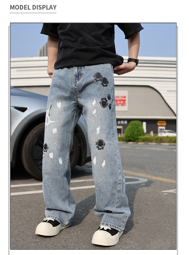 Men's Straight Leg Jeans Graffiti Paint Design Comfortable Denim_voghion.com