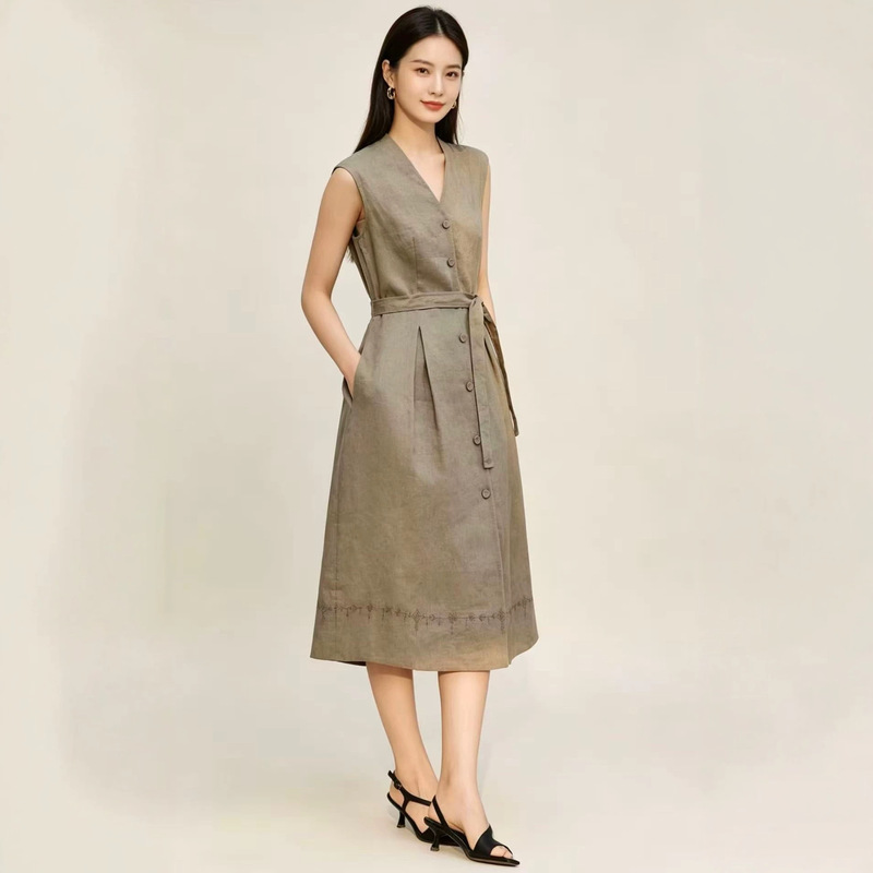 Y* Women's Clothing Store Same Style 2026 Summer New Elegant Linen Geometric Embroidery A-line Waist-Cinching Dress Y* Women's Clothing Store Same Style 2026 Summer New Elegant Linen Geometric Embroidery A-line Waist-Cinching Dress