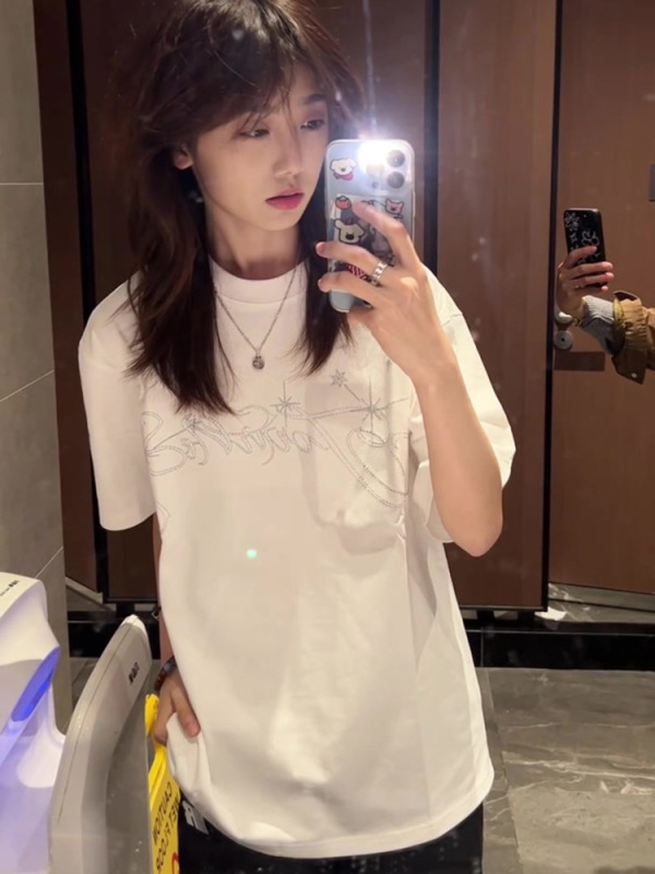 YLJZZ 简约银色图案短袖T恤女美式设计感宽松显瘦百搭上衣ins|undefined