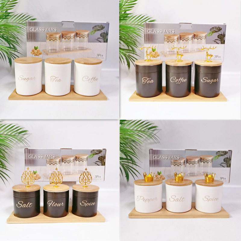 Comercio exterior transfronterizo Oriente Medio Exportar tarro sellado de cerámica con tapa de madera tarro de almacenamiento condimento de cocina tarro de té de café tarro