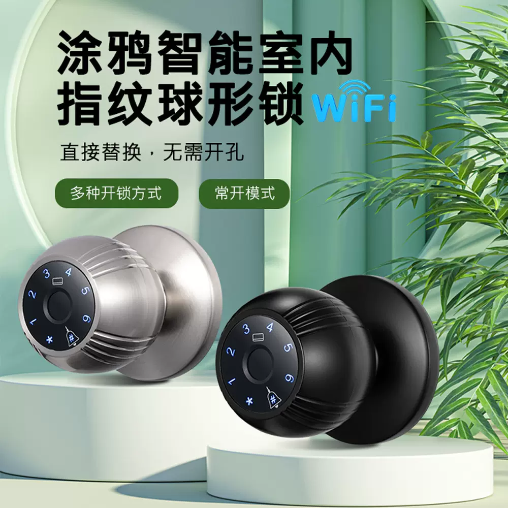跨境电商球形指纹密码锁涂鸦wifi远程控制智能锁卧室办公室门锁