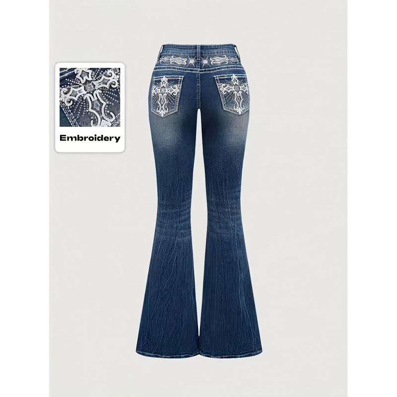 Fashionable Cowgirl Back Pocket Embroidery Design Flared Denim Trousers, Rhinestone Embellishment Design, Four Seasons