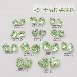 美甲K9水晶贵橄榄浅绿尖底椭圆歪心直角肥方超闪指甲饰品批发幻彩