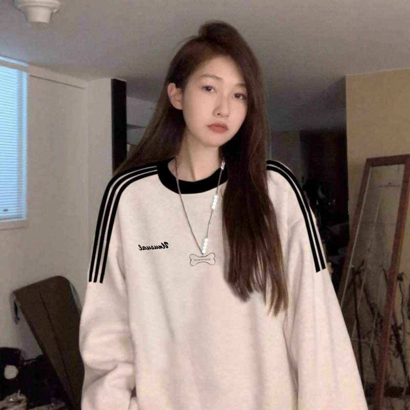 美式复古潮牌三条杠无帽卫衣女春秋oversize薄款外套chic慵懒上衣|undefined