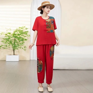 New Chinese-Style Buckle Design, Fashionable Large Size, Age-Reducing Mother's Clothing, Summer Loose Two-Piece Set, Covering the Flesh and Slimming