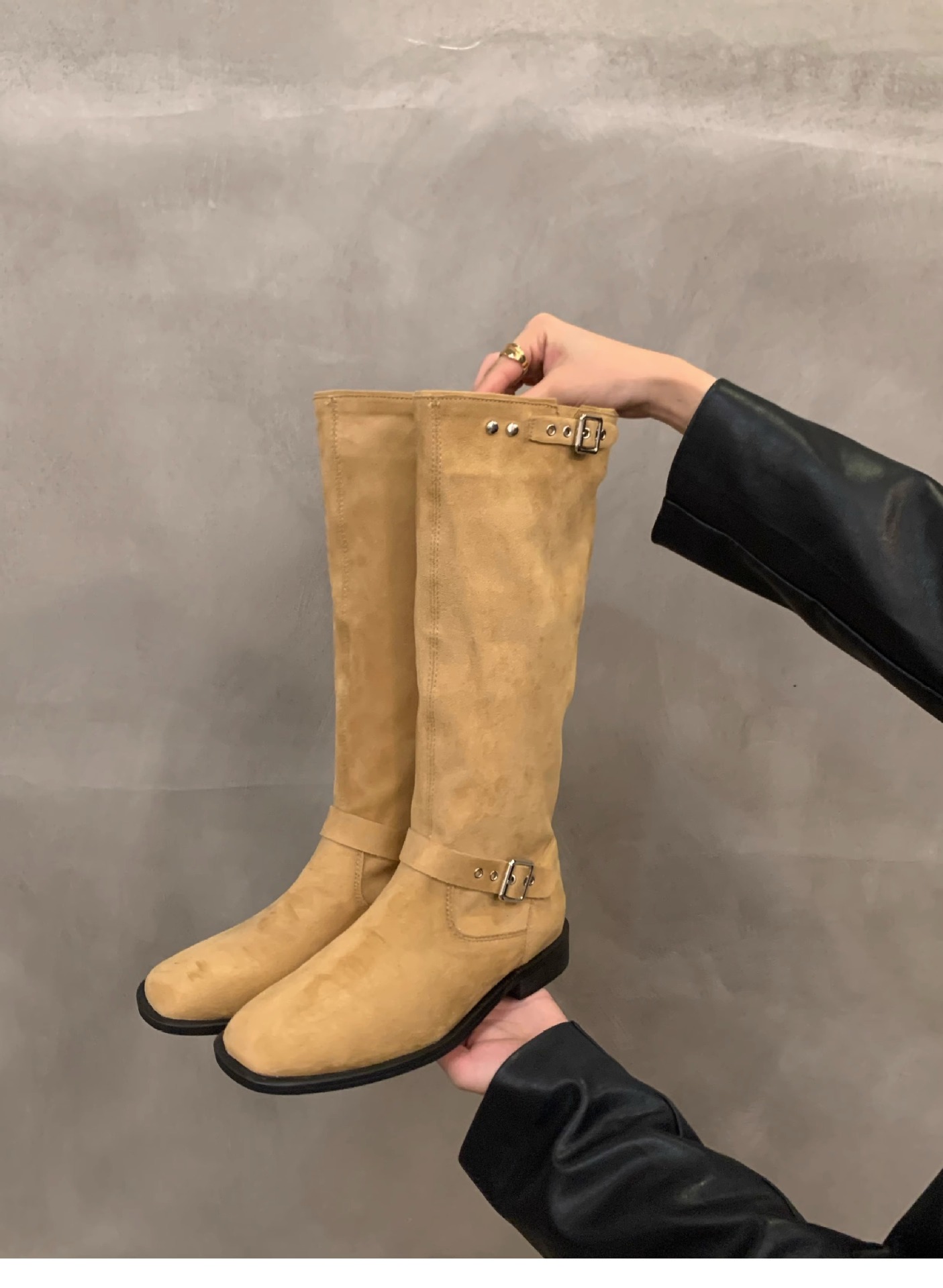 Dicker Absatz Khaki Mid Knight Damen Frühling und Herbst 2023 Neue Sommer-Wildleder-Langarmstiefel_voghion.com