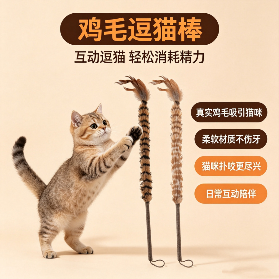 鸡毛掸羽毛逗猫棒猫咪自嗨玩具宠物用品逗猫棒批发猫玩具一件代发