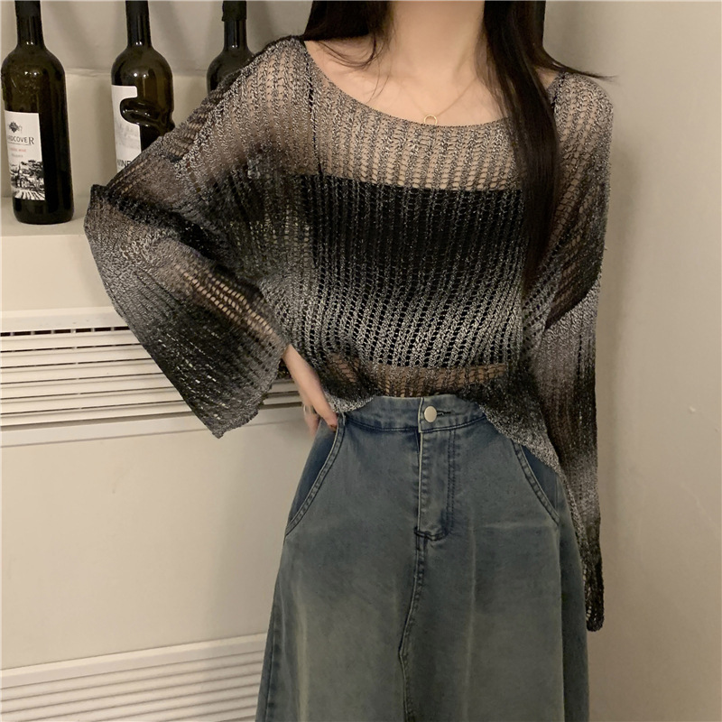 Gradient Hollow Ice Silk Sunscreen Shirt Women's Summer Loose Lazy Thin Air Conditioning Blouse Design Knitted Long Sleeve