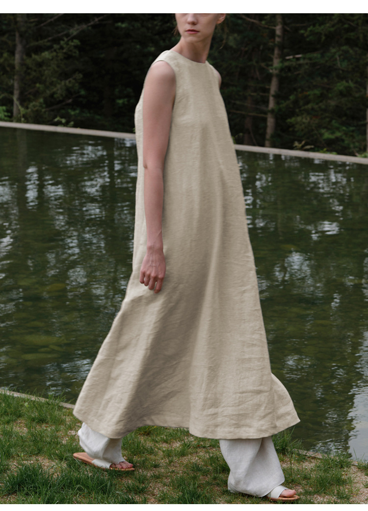 Cotton Linen Maxi Dress Summer French Pastoral Sleeveless Backless Hollow Out Cutout Niche Casual Loose Maxi Dress