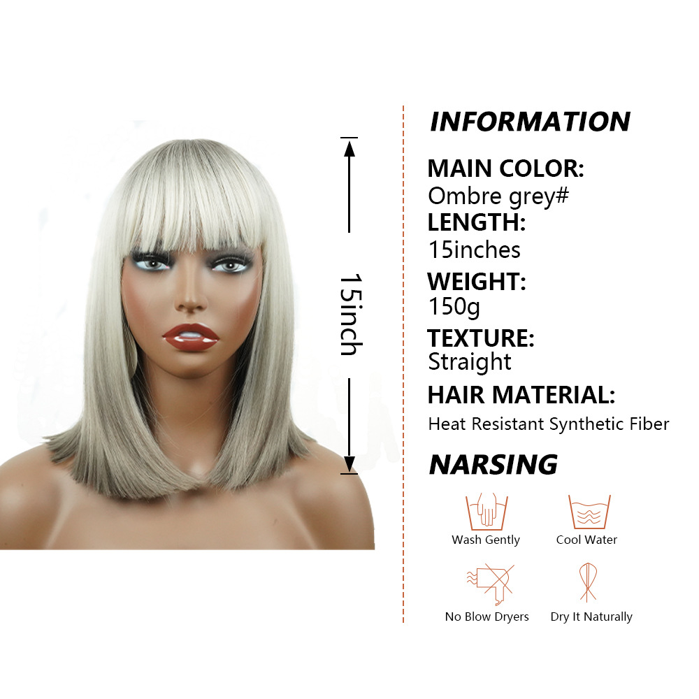 Parrucca bob grigia sfumata di seta ad alta temperatura all'ingrosso all'ingrosso in fabbrica, parrucca di capelli corti lisci, parrucca piena di frangia, parrucche bob_voghion.com
