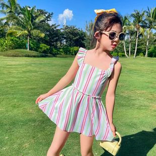 Children's Swimsuit for Girls, One-Piece Striped Strap Dress, Fresh Style for Vacation, Sun Protection, Japanese Style