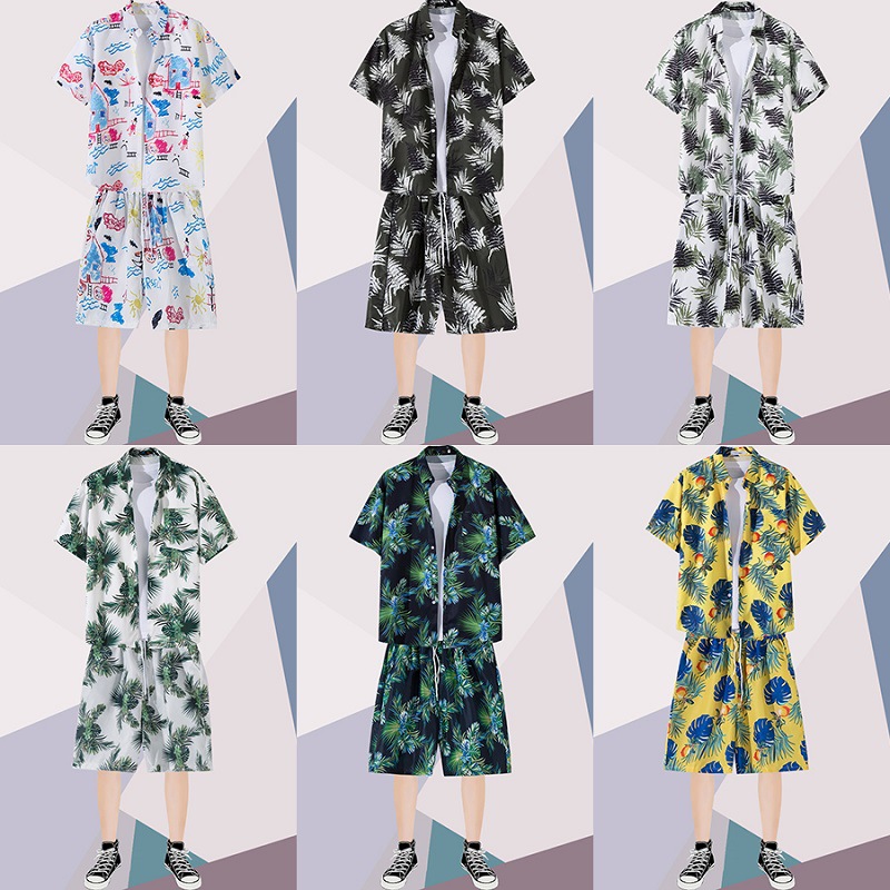 Hawaiano señaló collar floral camisa de los hombres de manga corta Camisa de playa suelta traje pareja estilo Hong Kong retro moda Ruan guapos pantalones cortos