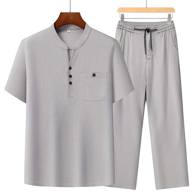 Marca de hombre algodón y lino conjunto de verano nuevo estilo frío lino de manga corta hombre ocio de mediana edad con pantalones rectos