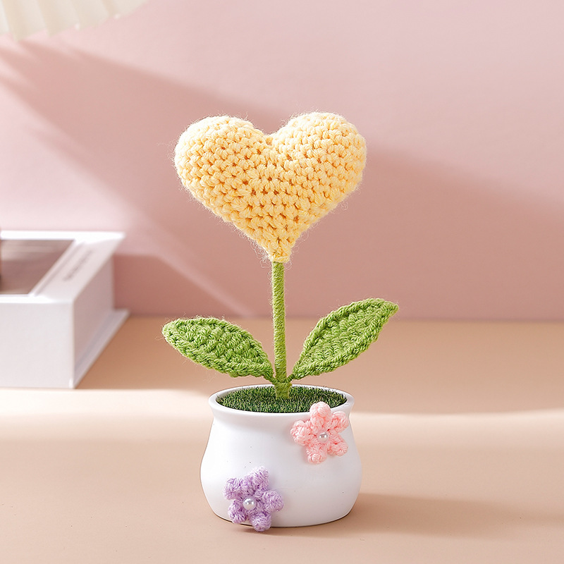 Terminado pequeña olla tejida a mano girasol lirio escritorio coche pequeña decoración regalo de cumpleaños regalo de graduación