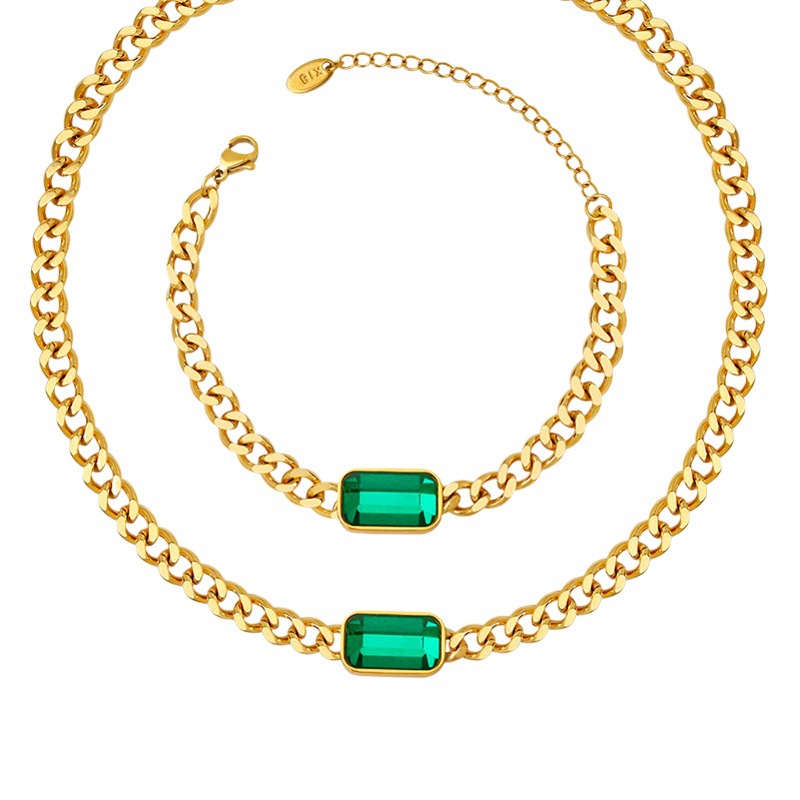 Cadena gruesa cadena cubana metal hip hop Verde Negro cristal piedra collar personalidad moda pulsera estilo europeo y americano joyería traje