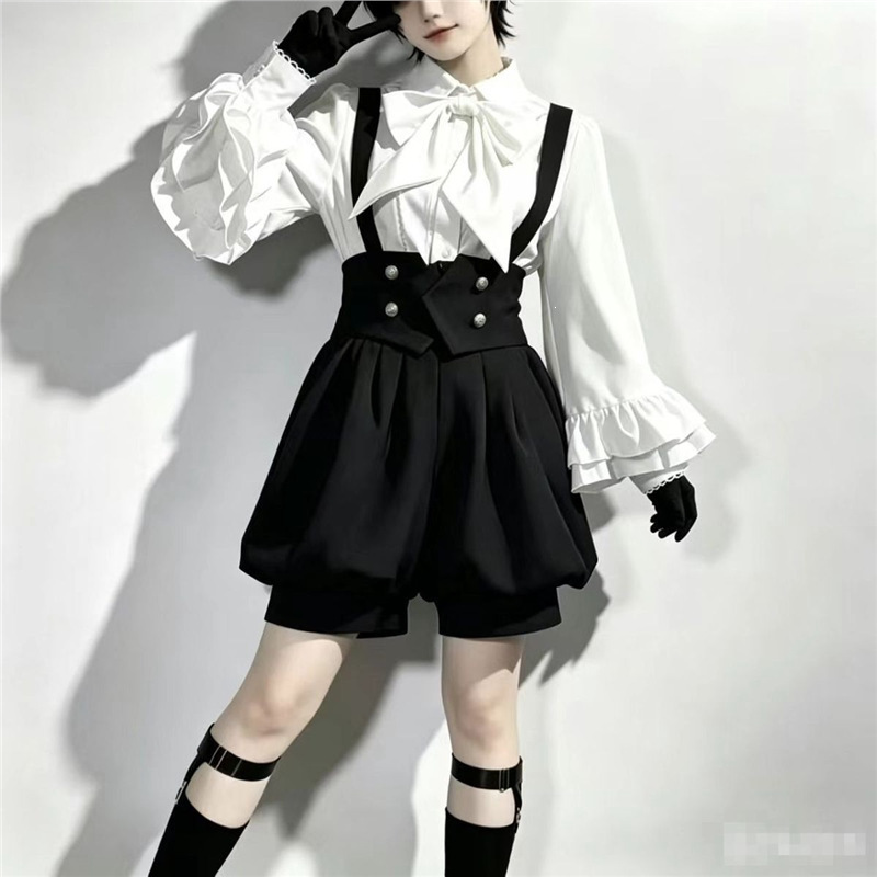 Retro Elegant Dark Cute Lolita Prince Style Shirt and Shorts Set Two-Piece College Style Suspender Skirt
