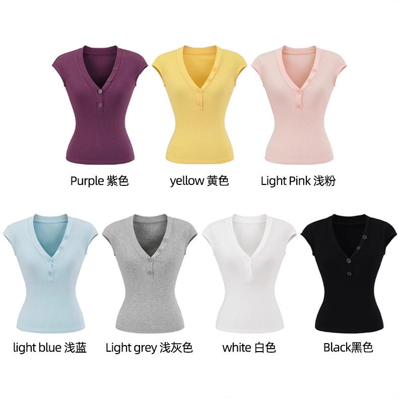 2025夏の新型ギャルの深いvネックの修身はやせているボタンの半袖のtシャツの女性の純色の百掛けの小さい飛袖の上着の潮を現します。|undefined