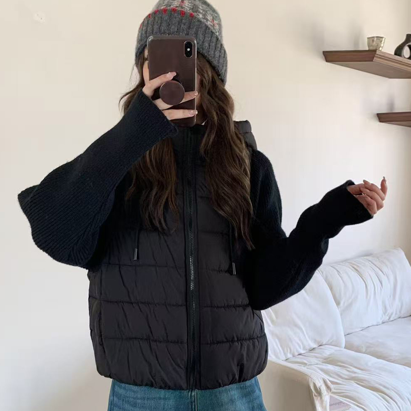 ニットウール袖付き新型ショート丈コットンコート レディース 秋冬 オーバーサイズ フード付き厚手ジャケット パンコート