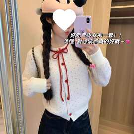 红色波点外搭短款毛衣外套女秋冬2026新款韩系小个子针织开衫上衣