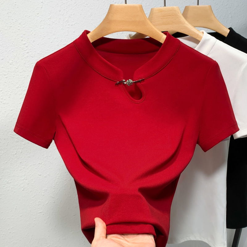 Camiseta de manga corta de cuello vertical mujer 2024 camiseta de algodón sólido diseño de estilo chino nueva chaqueta de verano de mujer china image 1