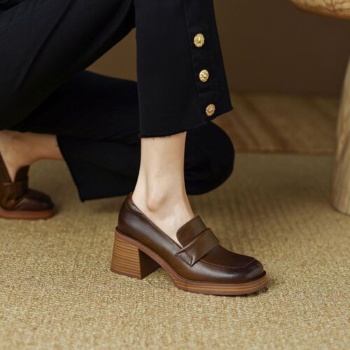 ~Thick high-heeled loafers 2024 spring washed cowhide one-legged square-toed single shoes French retro high heels