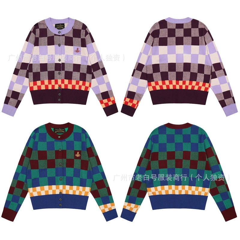 Vivienne west wood West Queen Mother Vivienne Saturn вышитая клетчатая ретро вязаный кардиган свитер