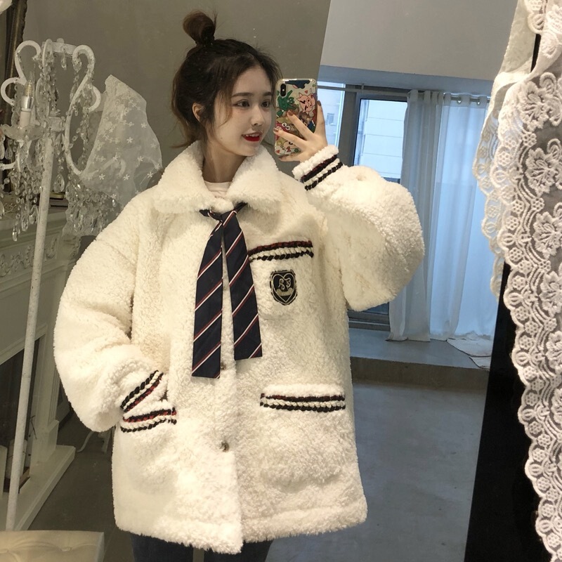 [Free Tie] Imitation Lamb Wool Jacket Women's 2024 Winter New College Style Sweater Thickened Loose Cotton Jacket