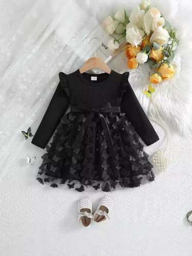 Independent Station Autumn and Winter Girls Three-dimensional Butterfly Sweet Mesh Belt Long-sleeved Dress