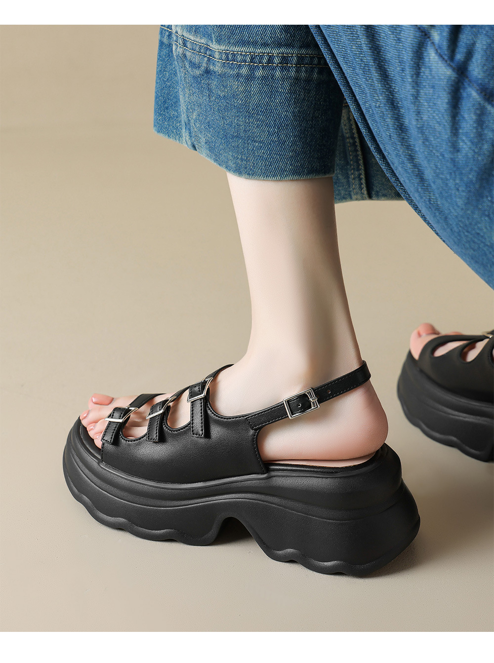 Dép sandal nữ quai ngang hở mũi đế bệt siêu nhẹ phong cách La Mã — đen chi tiết 7