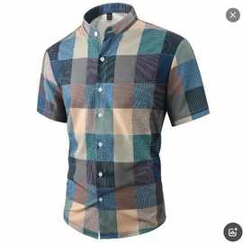 TEMU2025欧美跨境新款时尚潮流百搭男士休闲3D印花方格子短袖衬衫