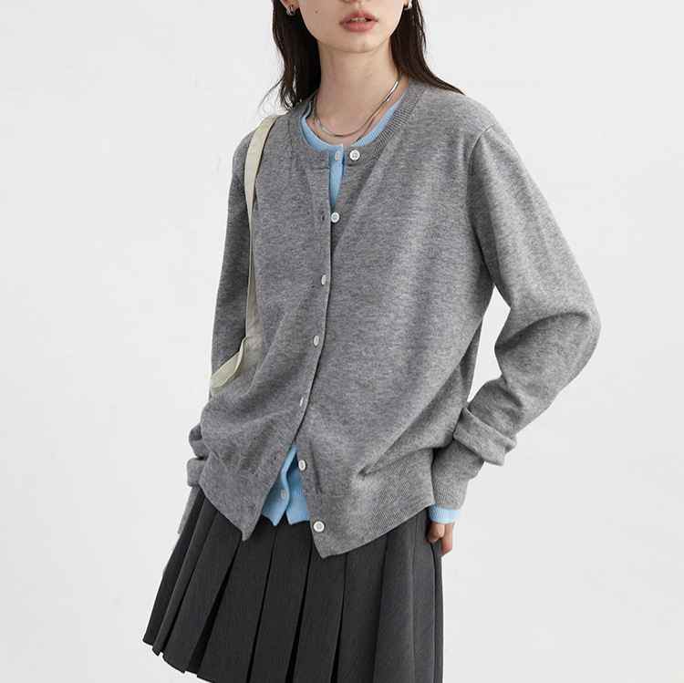 Informal College Style Color-Blocked Round Neck Fake Two-Piece Knitted Cardigan Long-Sleeve Sweater for Women