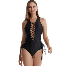 厂家现货跨境新款连体泳衣女纯色系带镂空性感露背比基尼一件代发