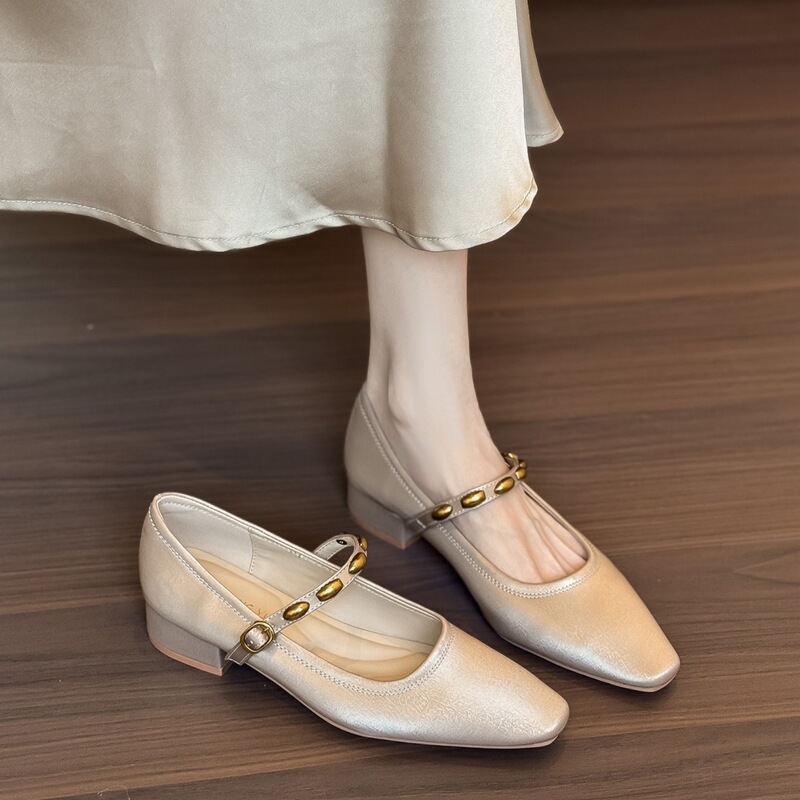 In Stock~ Retro Style Square-Toe Soft-Soled Genuine Chunky Heel Single-Strap Flat Shoes for Women, Versatile Mary Jane Shoes