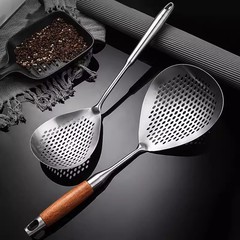 304 ステンレス鋼の大型ザル、家庭用キッチンヌードルと餃子用、木製ハンドル、スパイススプーン、揚げ物、厚みのある長いハンドル、揚げ物