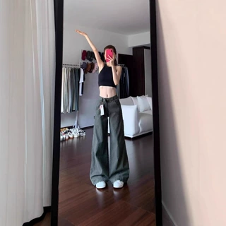 春秋季女装潮牌高腰美式复古牛仔裤子高腰遮肉显瘦宽松阔腿裤子