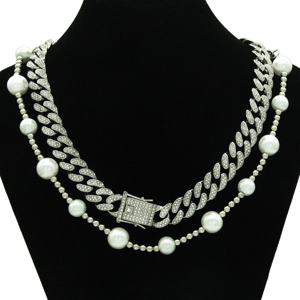 Fashion hip hop metal Cuban necklace thick pearl full diamond alloy necklace