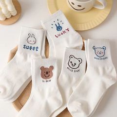 Baby Bear Mid-Calf Socks for Girls, Ins Trendy Japanese Style Cute Spring and Autumn Thin Pure Color Short Socks, Korean Cartoon White Long Socks