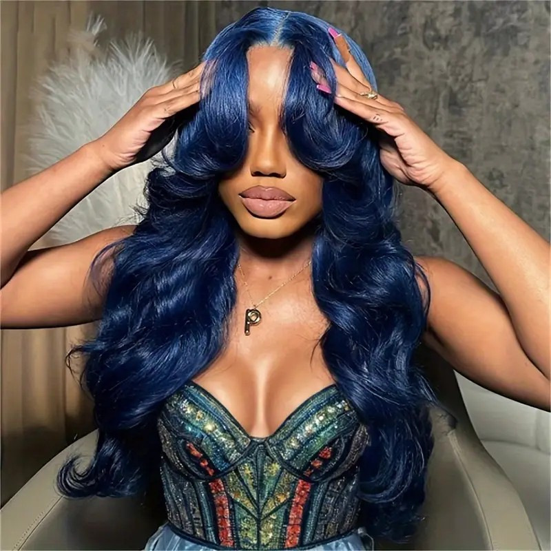 13*4 front lace chemical fiber wig dark blue big wave dark blue long straight hair factory direct chemical fiber wig