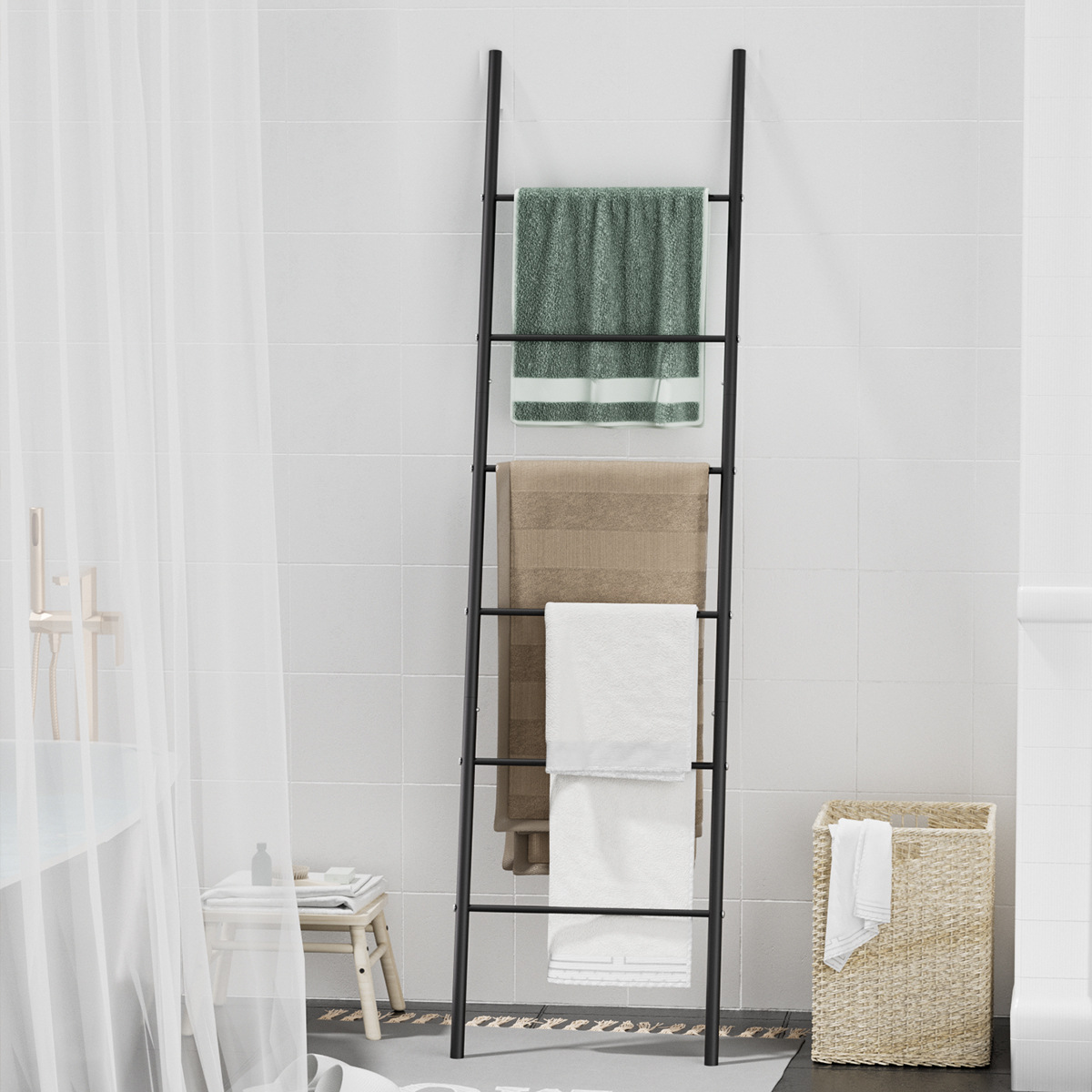 Household Bathroom Ladder Towel Rack Floor-Standing Bathroom Towel Storage Rack Multi-Functional Towel Drying Rod Storage Rack
