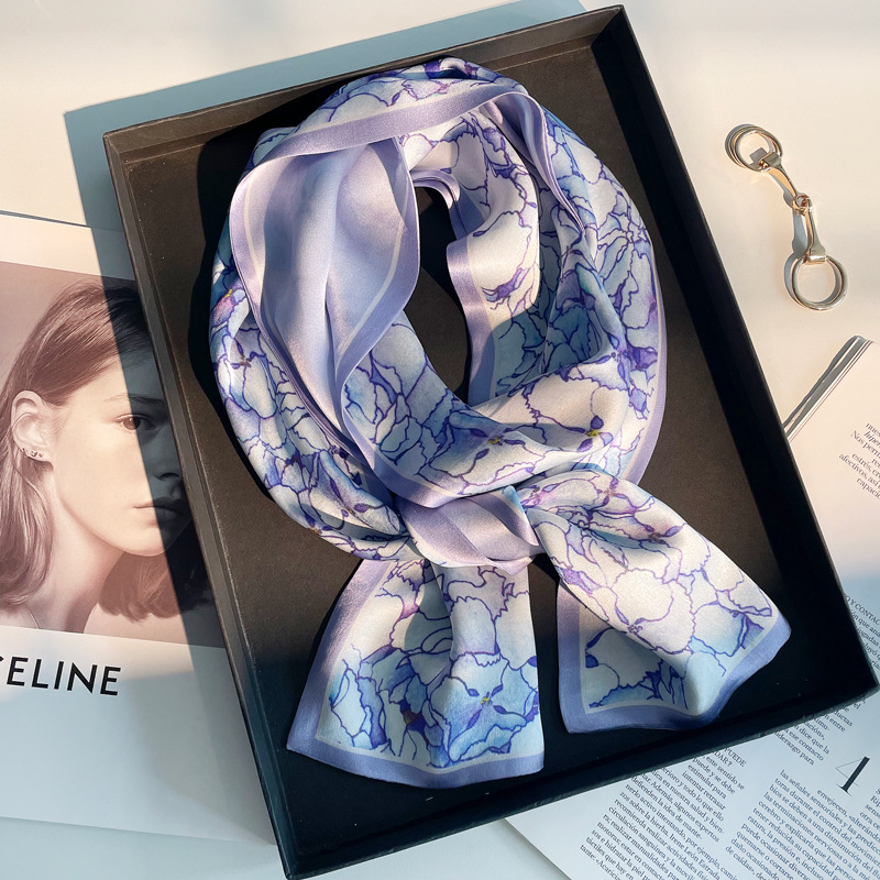 Elegant Blue Pure Silk Long Scarf For Women 2026 New Luxury Neck Tie Mulberry Silk Scarf - Thumbnail 7