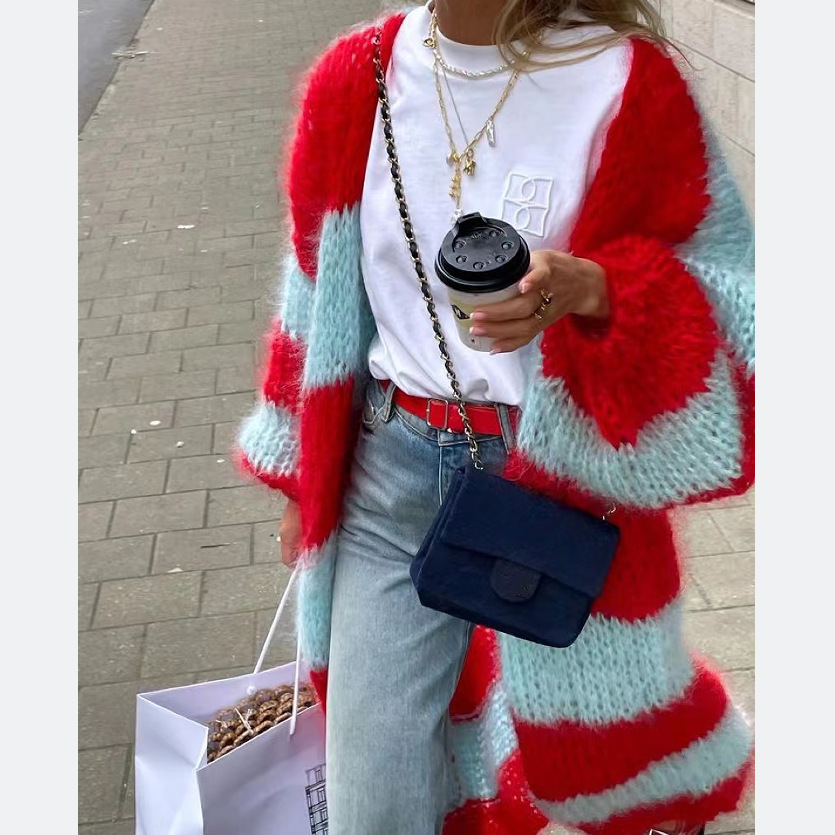 490g Weight Coat Outerwear Type Long Sleeve Sleeve Length Placket Placket Type Polyester Fabric Type Long Top Length Coat, Sweater Tops Type Holiday, Daily Occasion Wholesale Women's Streetwear Color Block Stripe Long Sleeve Stripe Sweaters & Cardigans