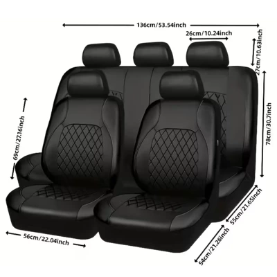Universal seat covers from the manufacturer, leather style, suitable for all seasons, with a triangular grid pattern, sandwich construction, full coverage car seat cushion (Seat cushion, seat cover) - prismatic-quilted-black-five-seater-nine-piece-set