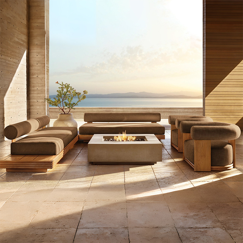 Sofá de madera de relajación al aire libre patio terraza villa al aire libre sala de sol impermeable muebles de cama de cama