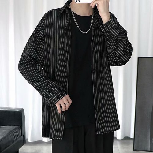 Striped shirt jacket for men, Hong Kong style, Japanese casual loose clothing, trendy black men's long sleeve shirt, summer thin