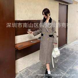 深圳南油欧美原单撞色丝绒翻领复古双排金扣大气优雅羊毛大衣外套