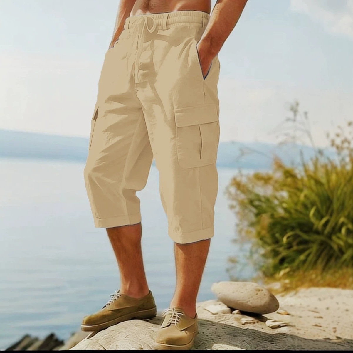 Men's Linen Cargo Pants All Season Thin Multiple Pockets Loose Casual Wide Leg Capri Pants_viptrois.com