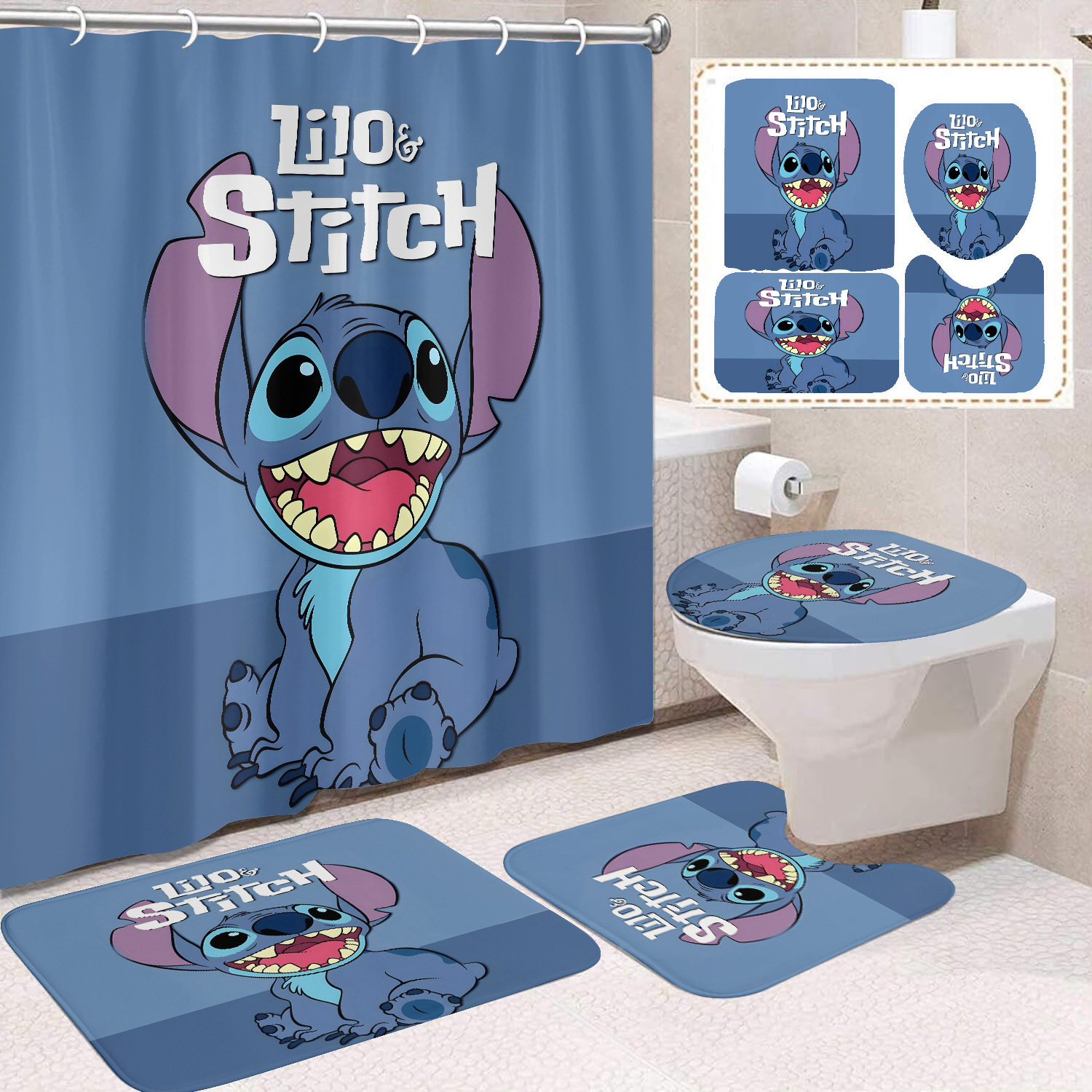 Venta directa de fábrica lindo baño de dibujos animados de cuatro piezas cortina de ducha impermeable cortina de ducha sin perforación cortina de partición de baño de baño