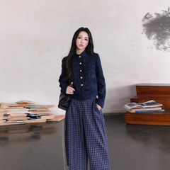 意法2025年秋季新款藏青色小香风外套女高腰半身裙套装女装外套女