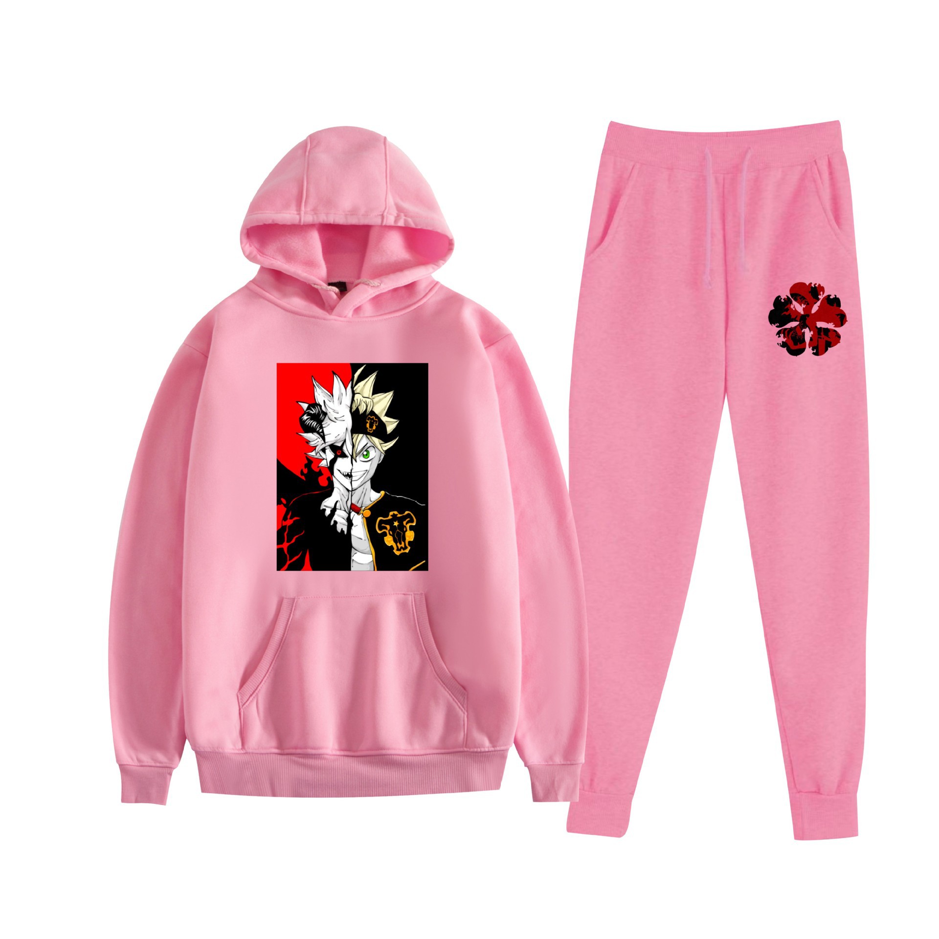 Europa y América otoño e invierno negro trébol de cuatro hojas periférico bidimensional hombres y mujeres deportes de ocio más suéter con capucha de terciopelo traje al por mayor