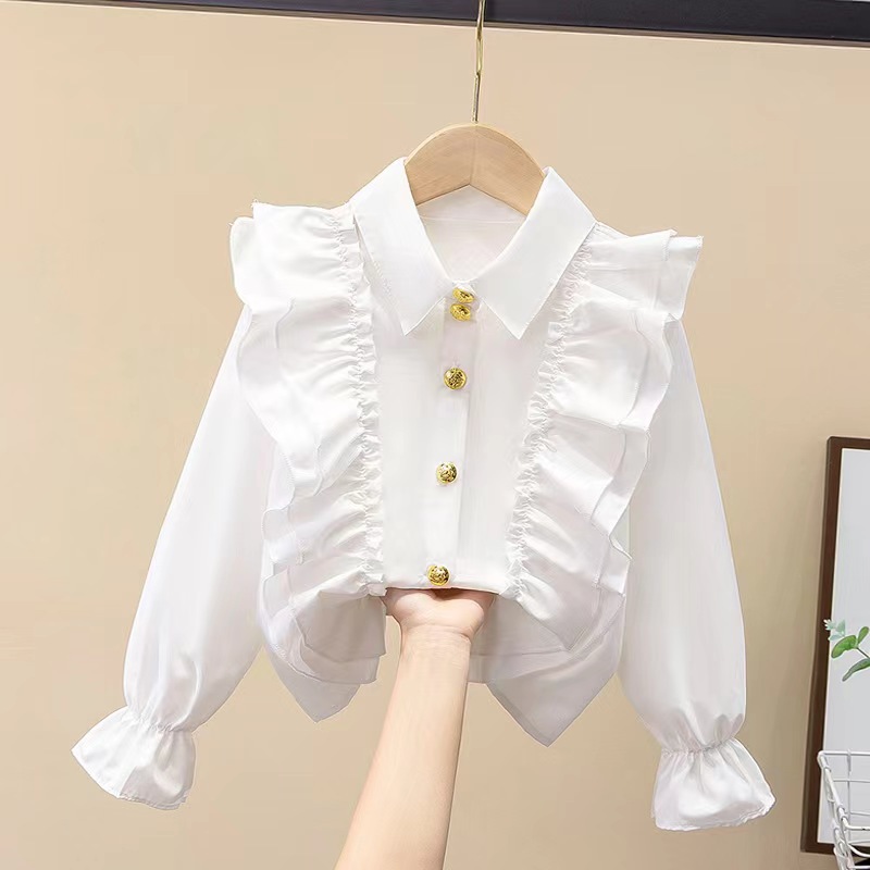 New spring and autumn style girls' shirt, casual and versatile long-sleeved white shirt, children's lace top, trendy from overseas.